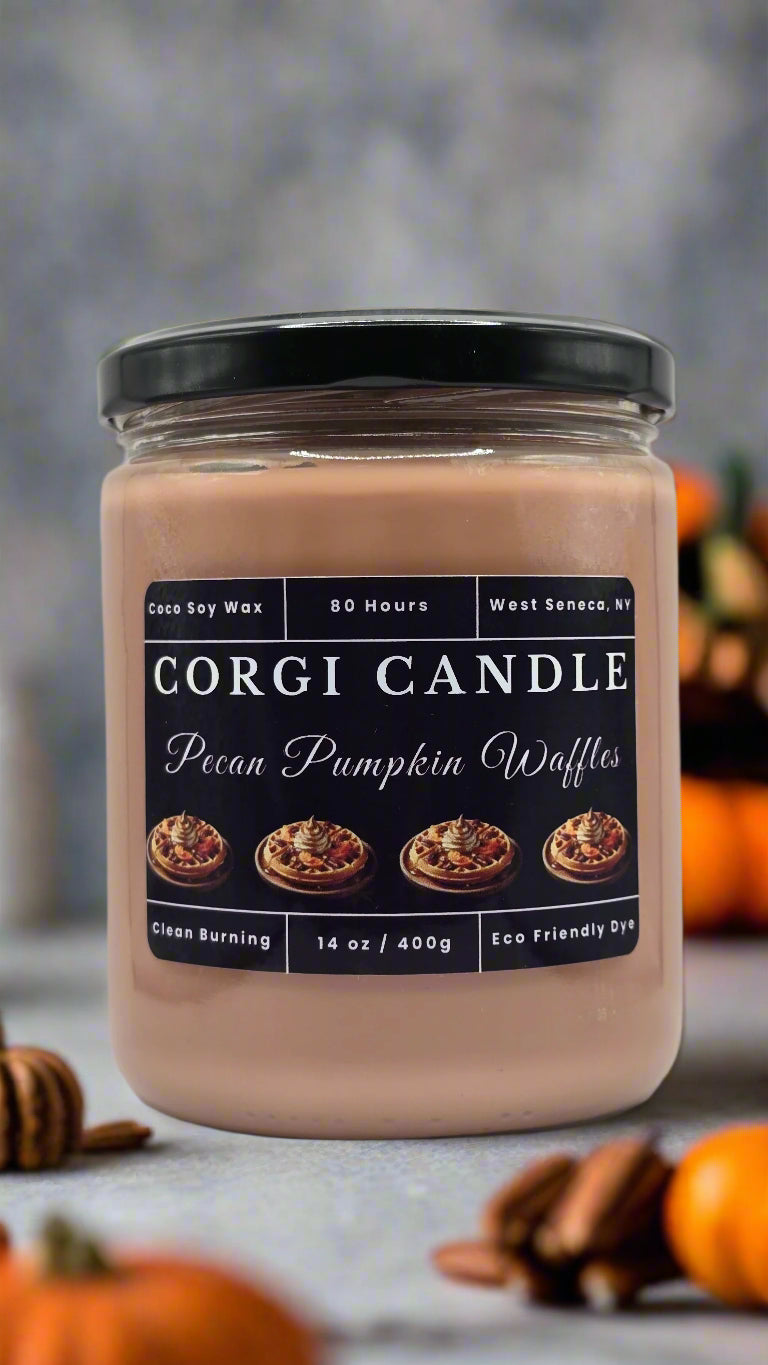 Pecan Pumpkin Waffle 14 oz soy scented candle from CORGI CANDLE, eco-friendly and hand-poured for long-lasting fragrance.