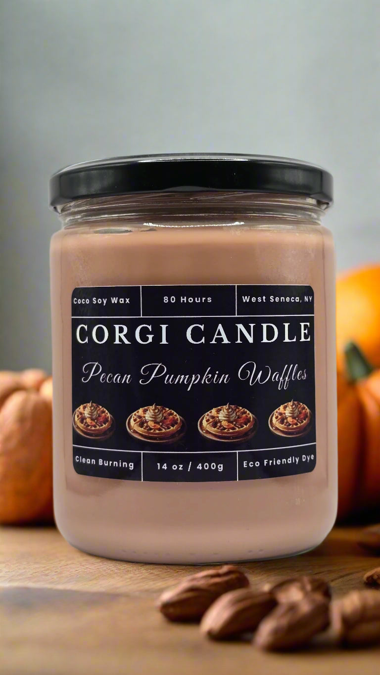 Pecan Pumpkin Waffle 14 oz soy scented candle from CORGI CANDLE, eco-friendly and hand-poured for long-lasting fragrance.