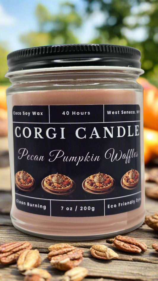 Pecan Pumpkin Waffle 7 oz soy scented candle from CORGI CANDLE, eco-friendly and hand-poured for long-lasting fragrance.