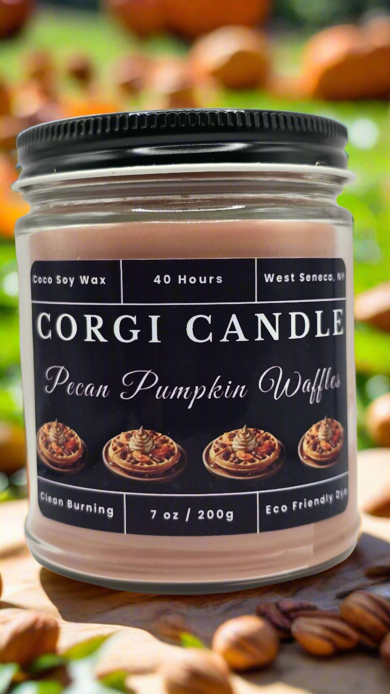 Pecan Pumpkin Waffle 7 oz soy scented candle from CORGI CANDLE, eco-friendly and hand-poured for long-lasting fragrance.