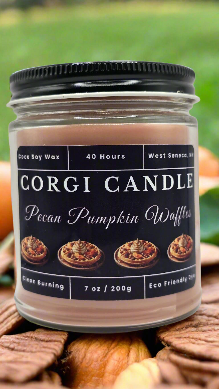 Pecan Pumpkin Waffle 7 oz soy scented candle from CORGI CANDLE, eco-friendly and hand-poured for long-lasting fragrance.