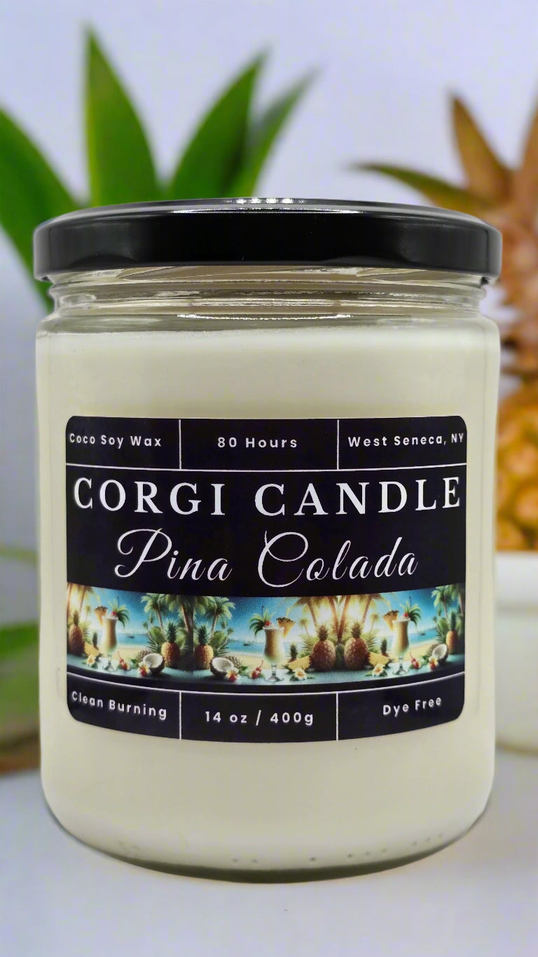 Pina Colada 14 oz soy scented candle made with eco-friendly wax by CORGI CANDLE