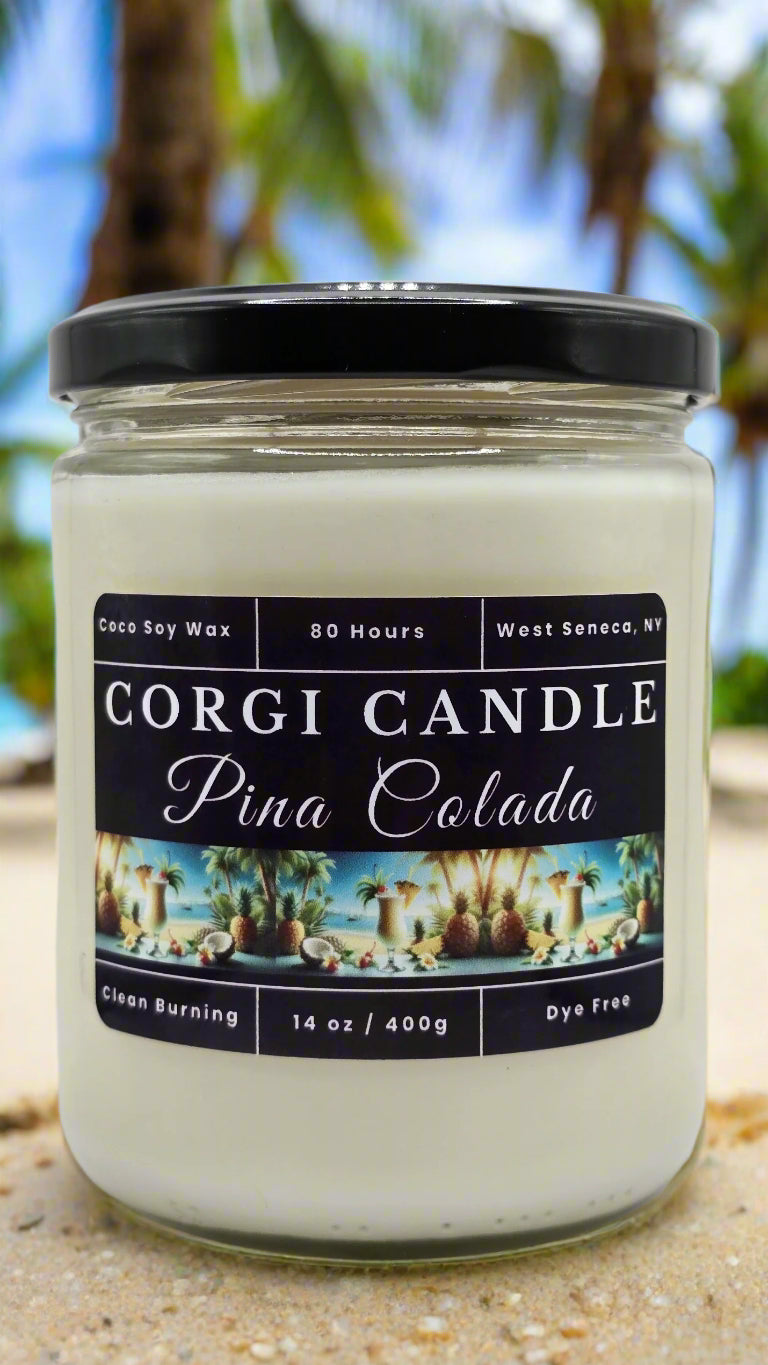 Pina Colada 14 oz soy scented candle made with eco-friendly wax by CORGI CANDLE