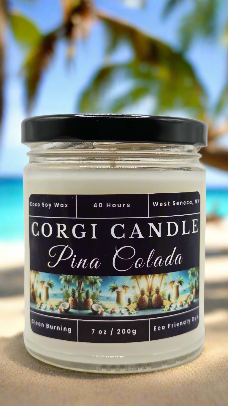 Pina Colada 7 oz soy scented candle made with eco-friendly wax by CORGI CANDLE