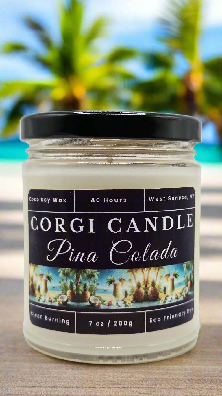 Pina Colada 7 oz soy scented candle made with eco-friendly wax by CORGI CANDLE