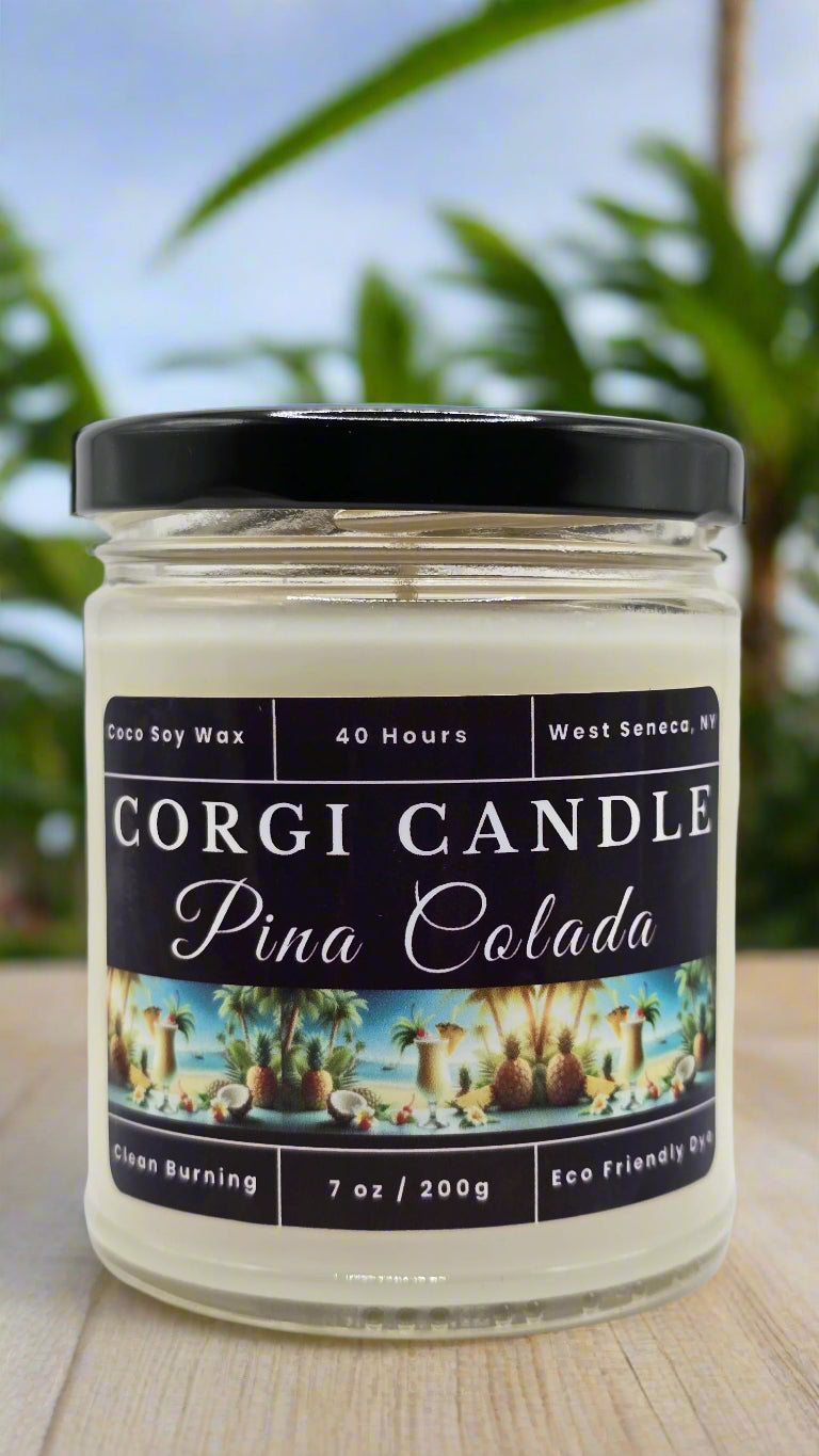 Pina Colada 7 oz soy scented candle made with eco-friendly wax by CORGI CANDLE