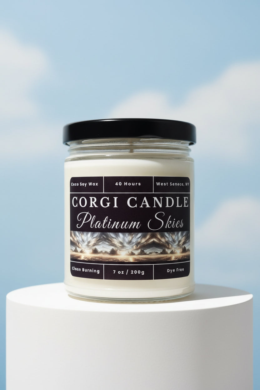 Platinum Skies 7 oz soy scented candle by CORGI CANDLE in glass jar with black lid featuring storm sky label, clean burning coco soy candle hand poured in West Seneca NY.
