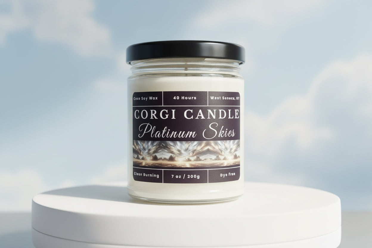 Platinum Skies 7 oz soy scented candle by CORGI CANDLE in glass jar with black lid featuring storm sky label, clean burning coco soy candle hand poured in West Seneca NY.