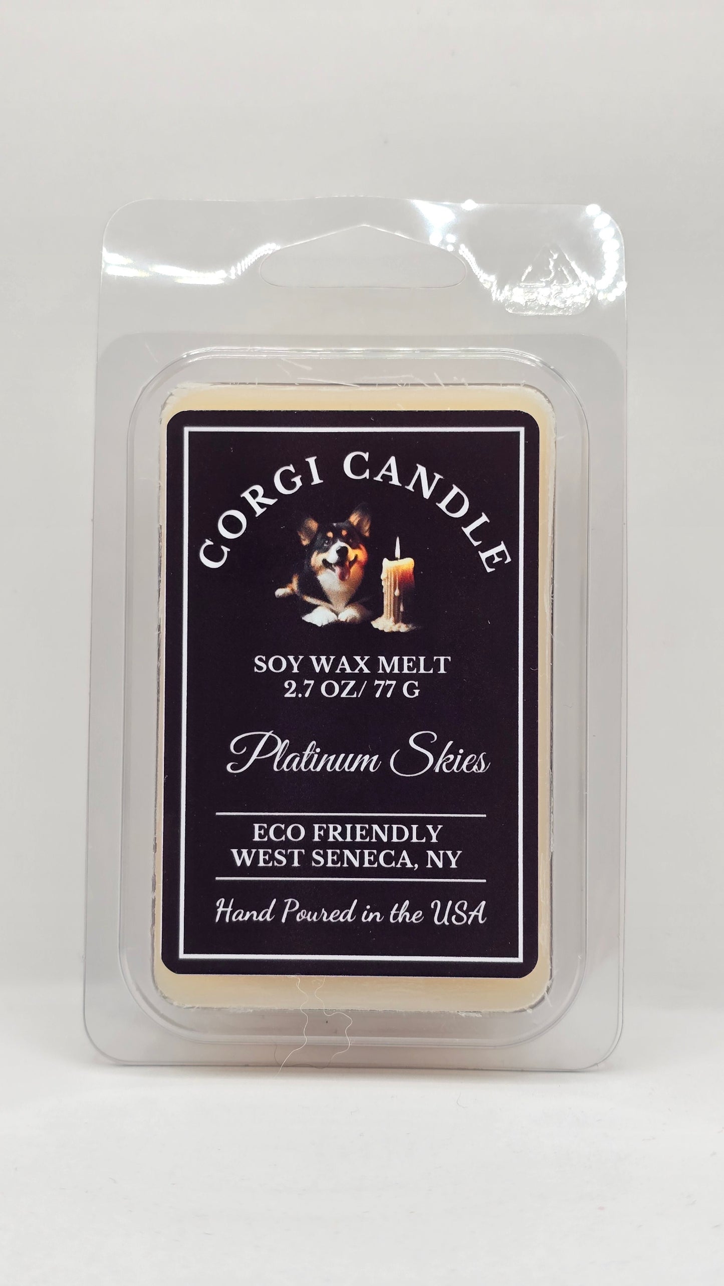front of Platinum Skies soy wax melt clamshell by CORGI CANDLE with branded label and six cube wax melts, fresh clean scented wax melts