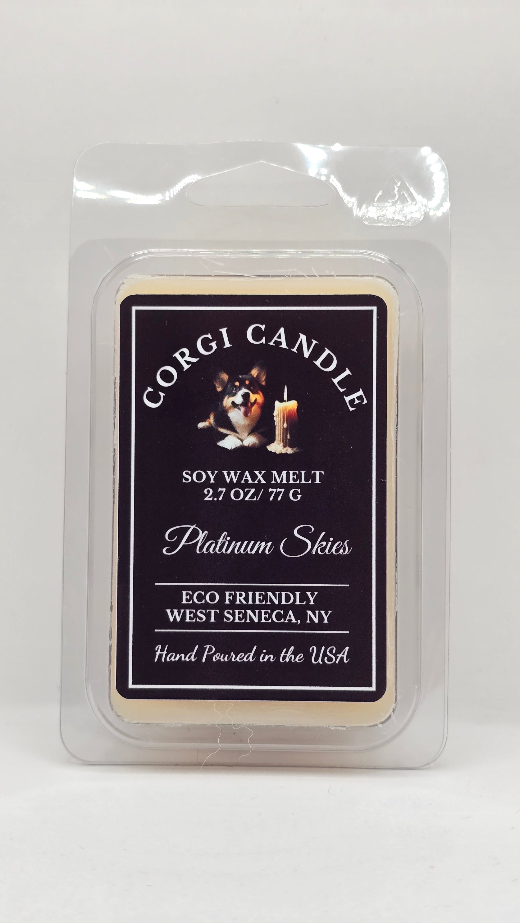front of Platinum Skies soy wax melt clamshell by CORGI CANDLE with branded label and six cube wax melts, fresh clean scented wax melts