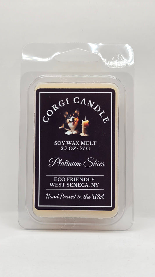 front of Platinum Skies soy wax melt clamshell by CORGI CANDLE with branded label and six cube wax melts, fresh clean scented wax melts