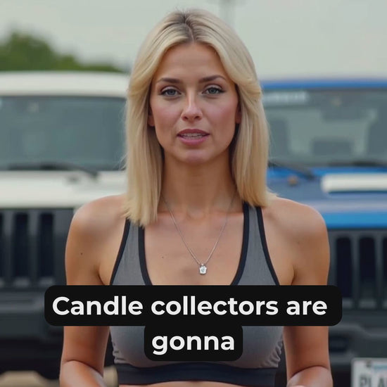 Tropical Temptation 14 oz soy candle by CORGI CANDLE shown in a tropical-themed video ad, highlighting its pistachio, salted caramel, and vanilla scent in a beachy, summer-inspired setting.