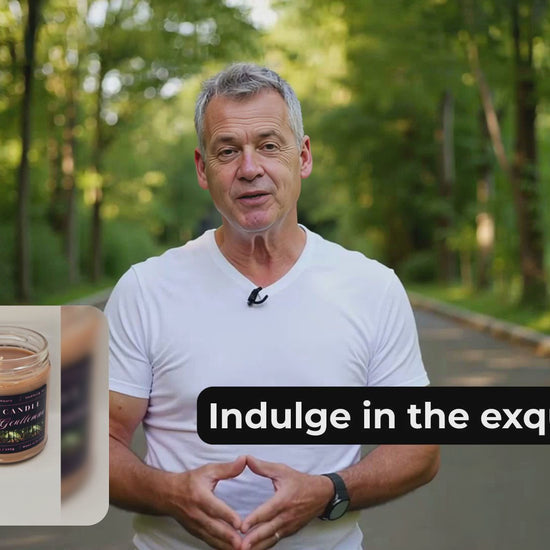 Rustic Gentleman promotional video showing the candle burning in a warm, masculine room with wood and leather accents.