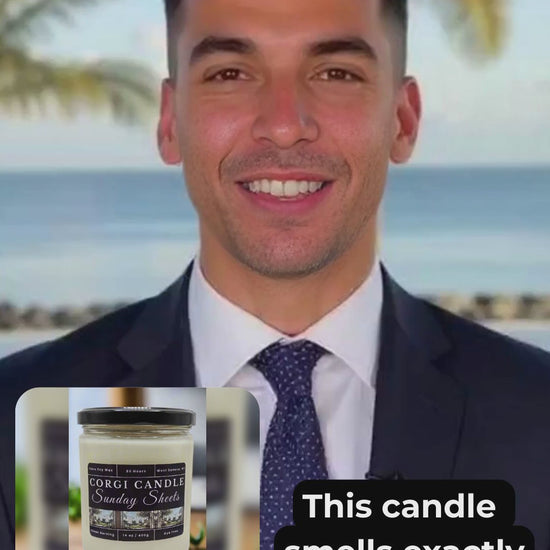 Ad video for Sunday Sheets 14 oz scented soy candle by CORGI CANDLE