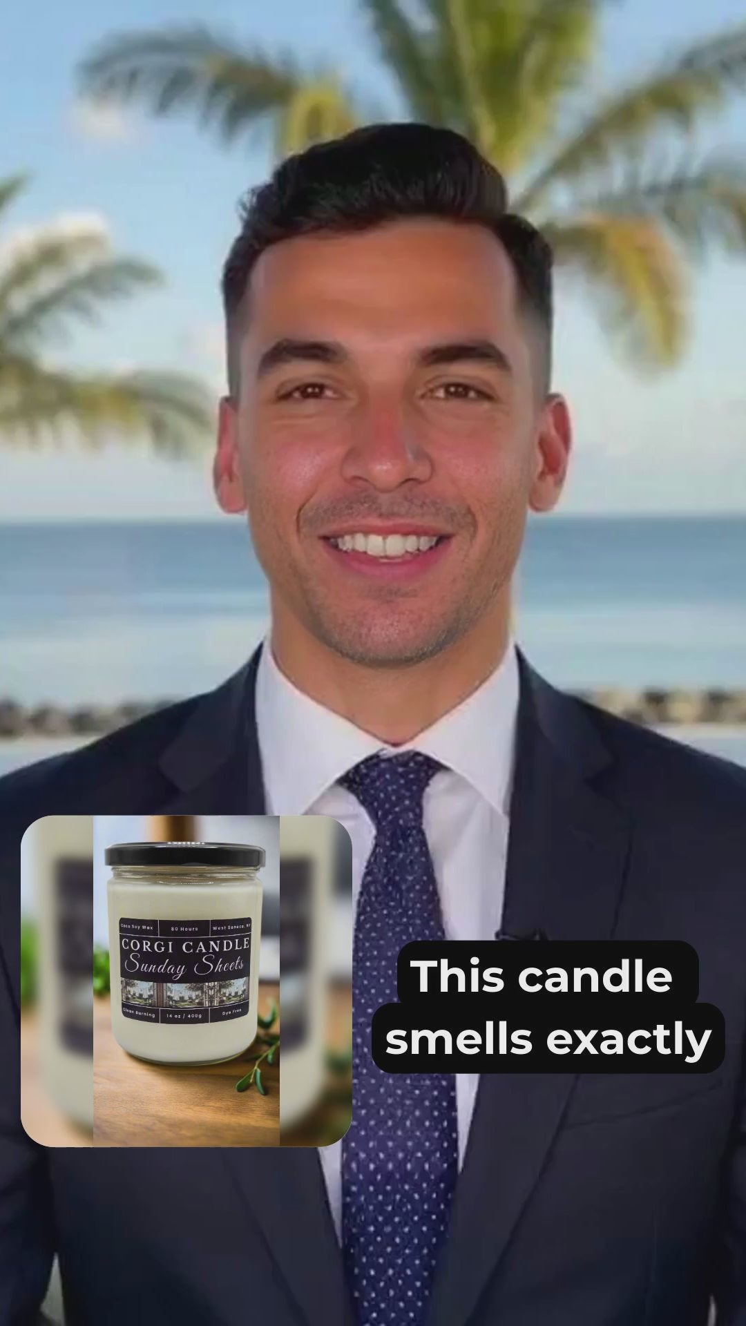 Ad video for Sunday Sheets 14 oz scented soy candle by CORGI CANDLE