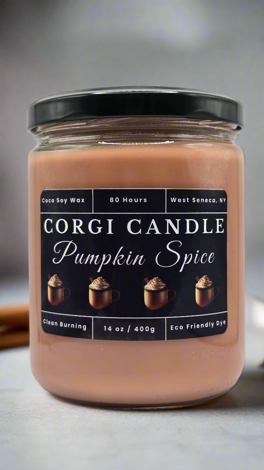 Pumpkin Spice 14 oz soy scented candle by CORGI CANDLE, eco-friendly hand-poured candle made with a soy and coconut wax blend for a clean, long-lasting burn.
