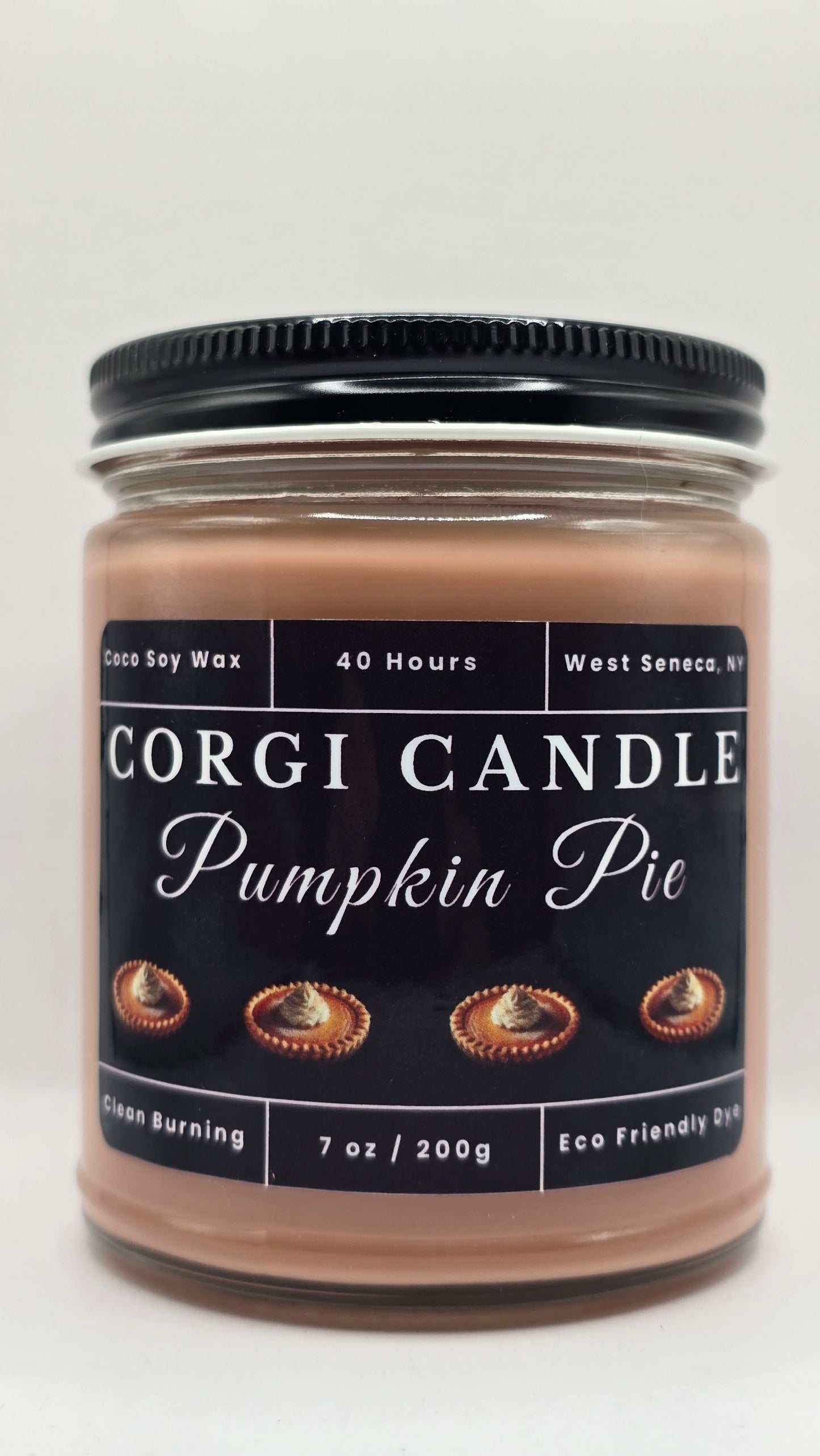 Corgi Candle Pumpkin Pie candle jar with a black label on a white background