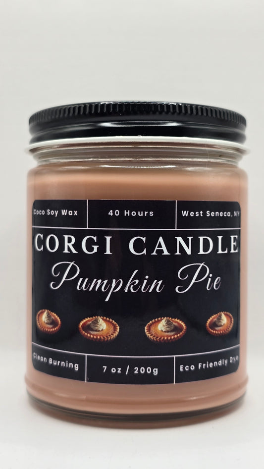 Corgi Candle Pumpkin Pie candle jar with a black label on a white background