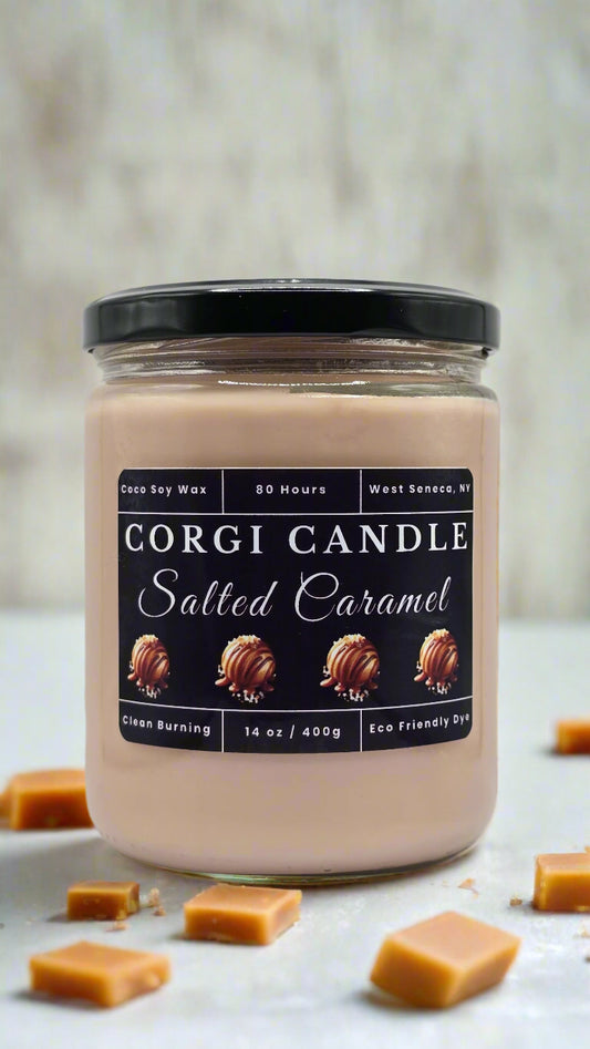 Salted Caramel 14 oz soy scented candle made with eco-friendly wax by CORGI CANDLE