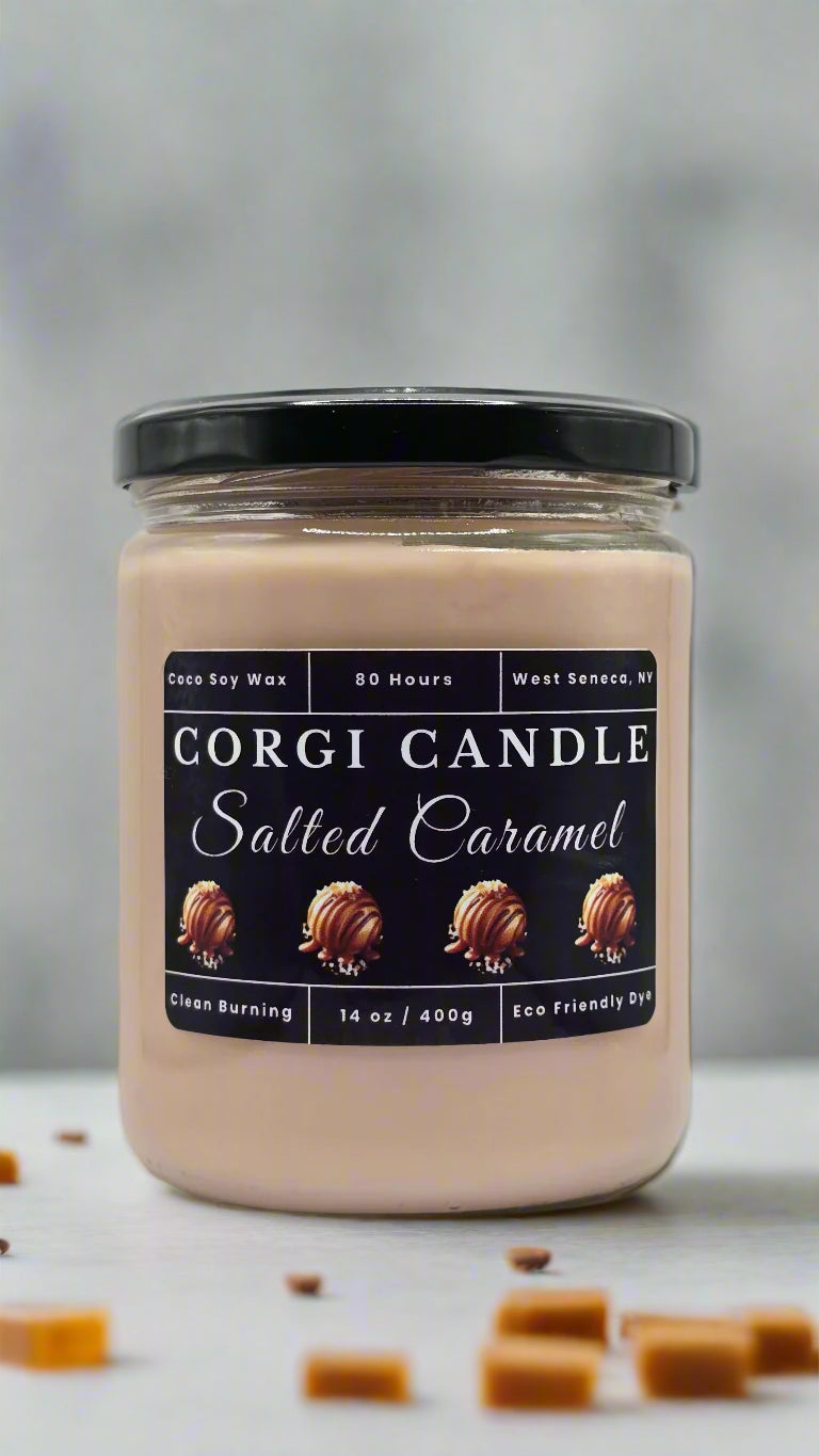 Salted Caramel 14 oz soy scented candle made with eco-friendly wax by CORGI CANDLE