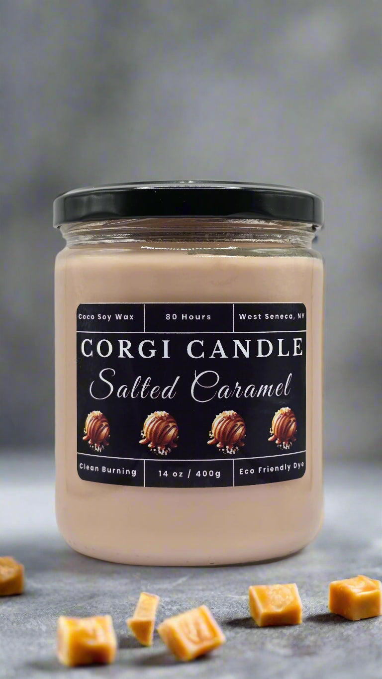 Salted Caramel 14 oz soy scented candle made with eco-friendly wax by CORGI CANDLE