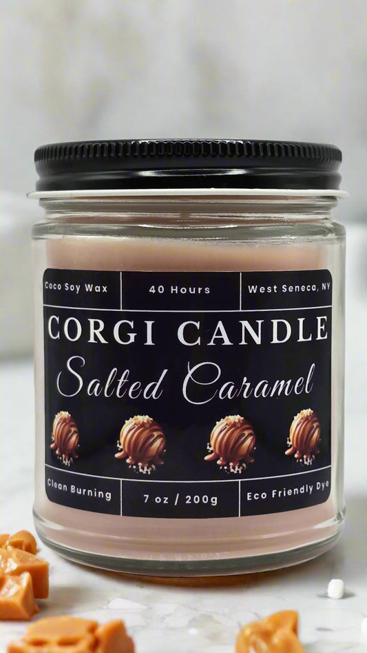 Salted Caramel 7 oz soy scented candle made with eco-friendly wax by CORGI CANDLE