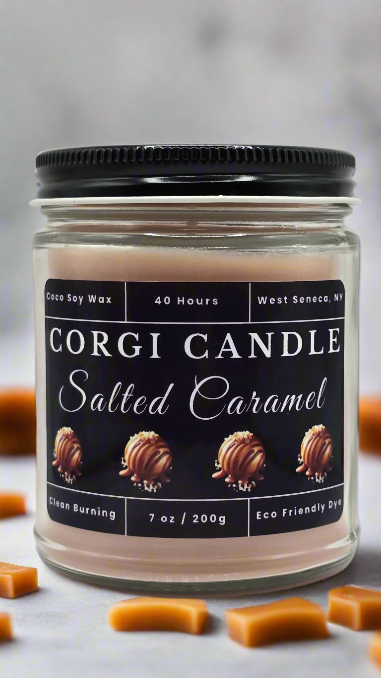 Salted Caramel 7 oz soy scented candle made with eco-friendly wax by CORGI CANDLE