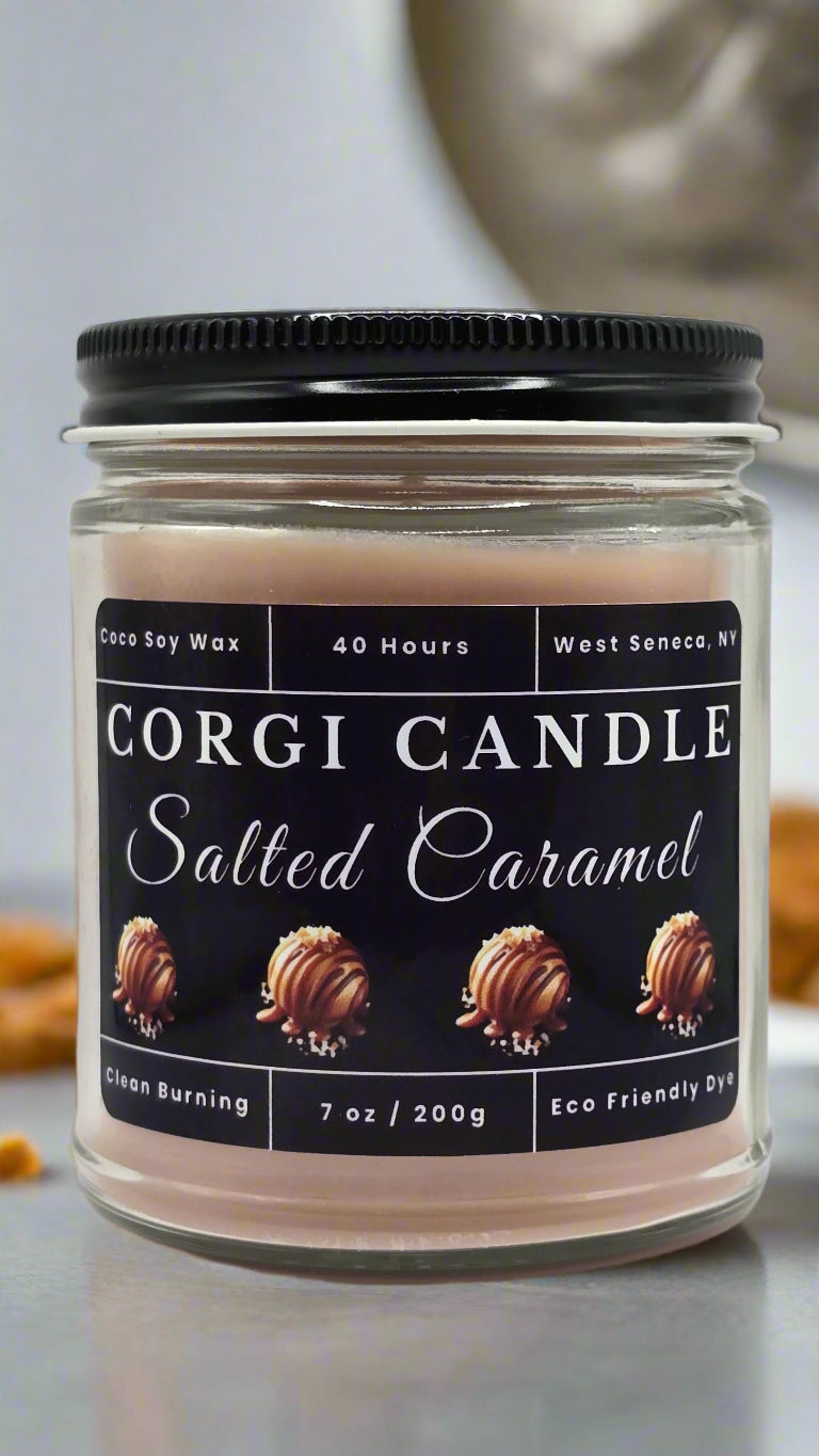 Salted Caramel 7 oz soy scented candle made with eco-friendly wax by CORGI CANDLE