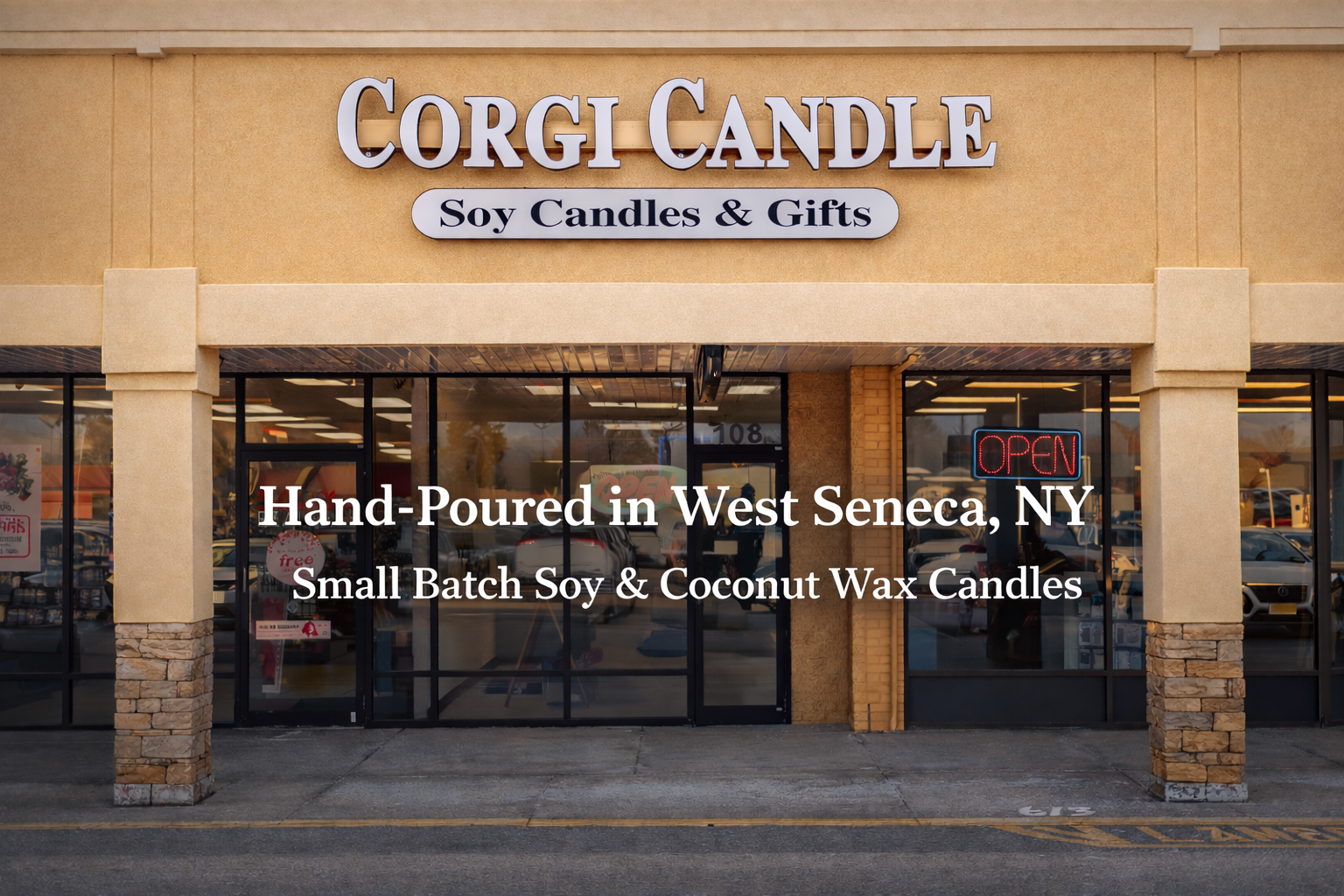 Corgi Candle store front with text about hand-poured candles in West Seneca, NY.