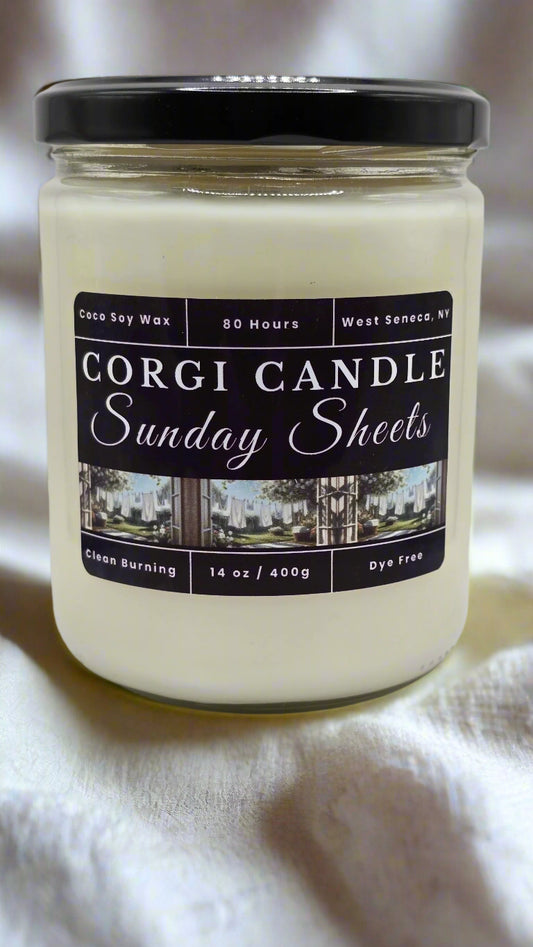 Sunday Sheets 14 oz soy candle by CORGI CANDLE in glass jar with fresh linen scent and clean-burning, eco-friendly ingredients