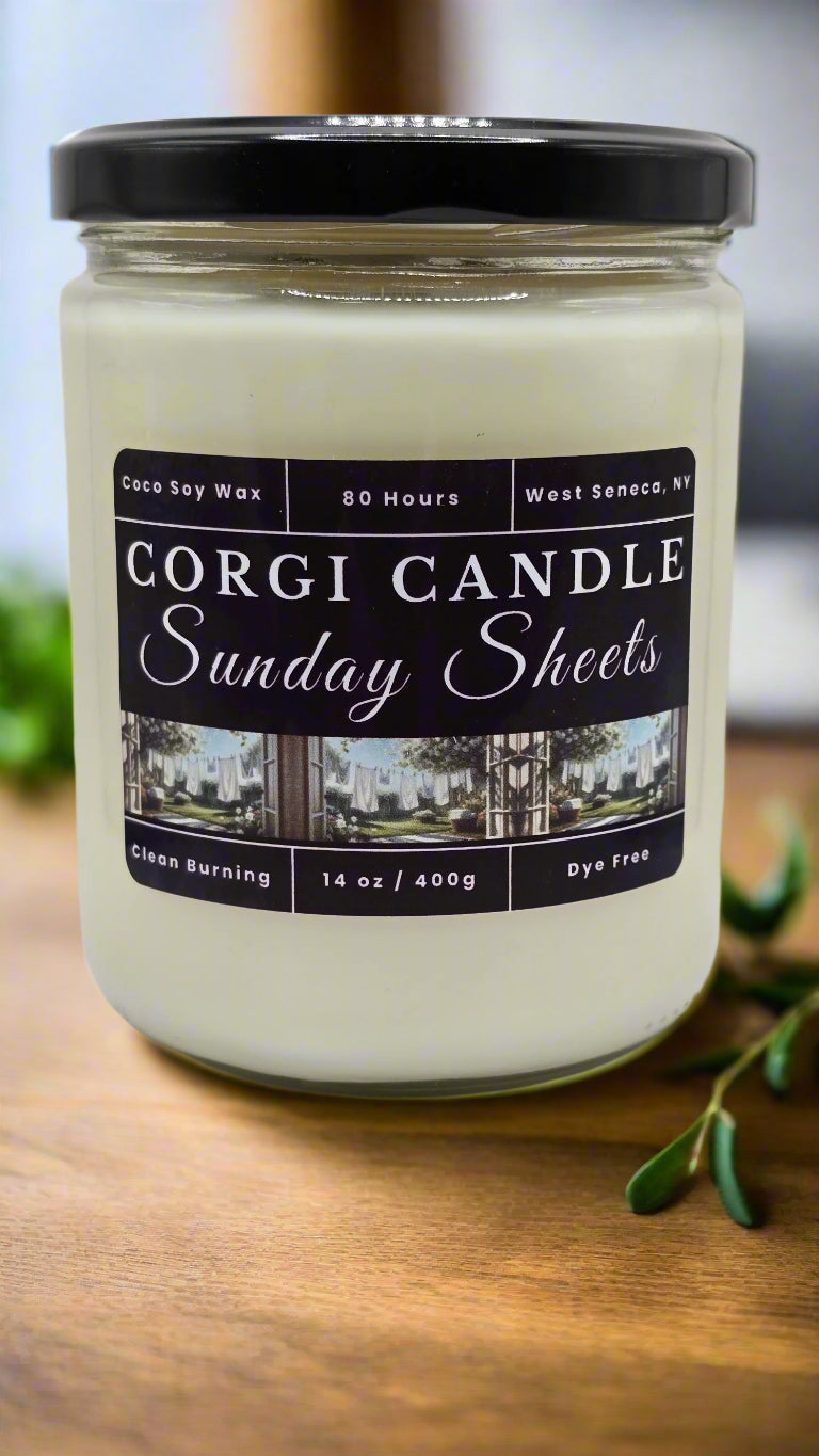 Sunday Sheets 14 oz soy candle by CORGI CANDLE in glass jar with fresh linen scent and clean-burning, eco-friendly ingredients