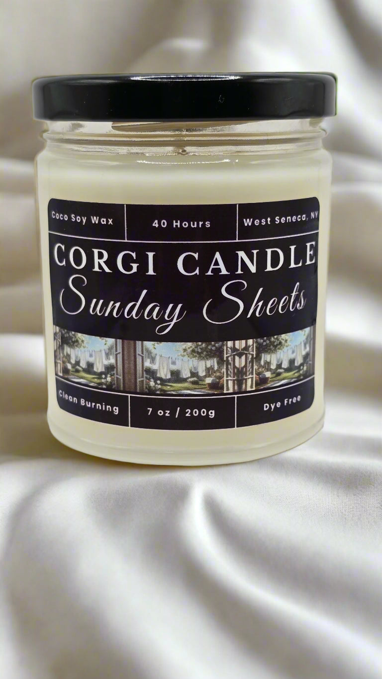 Sunday Sheets 7 oz soy candle by CORGI CANDLE in glass jar with fresh linen scent and eco-friendly wax blend