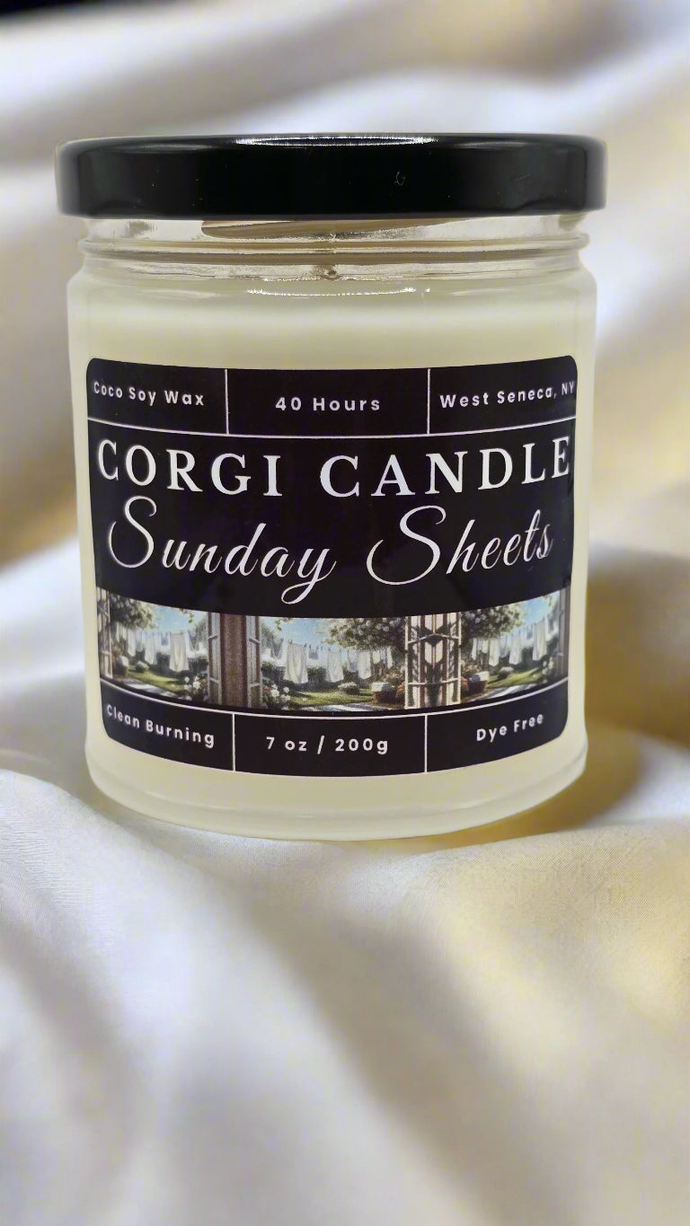 Sunday Sheets 7 oz soy candle by CORGI CANDLE in glass jar with fresh linen scent and eco-friendly wax blend