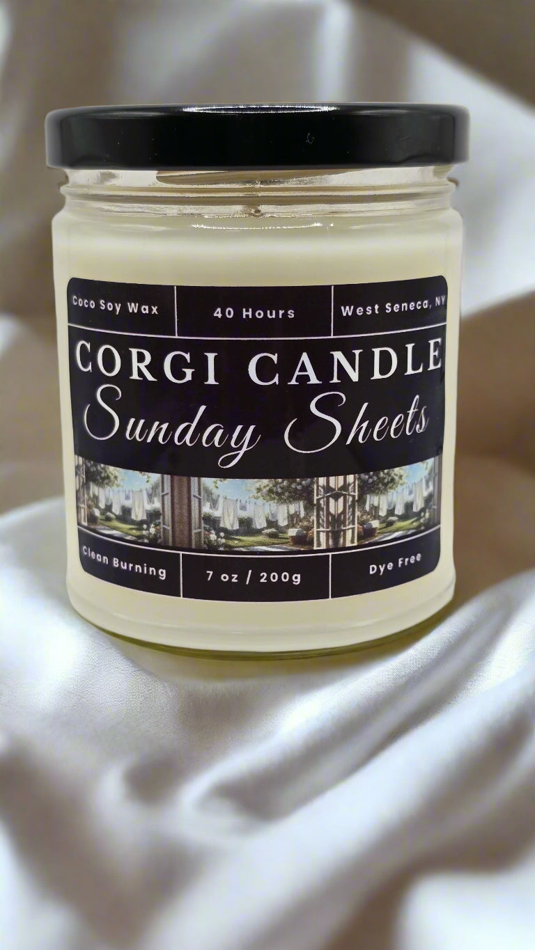Sunday Sheets 7 oz soy candle by CORGI CANDLE in glass jar with fresh linen scent and eco-friendly wax blend
