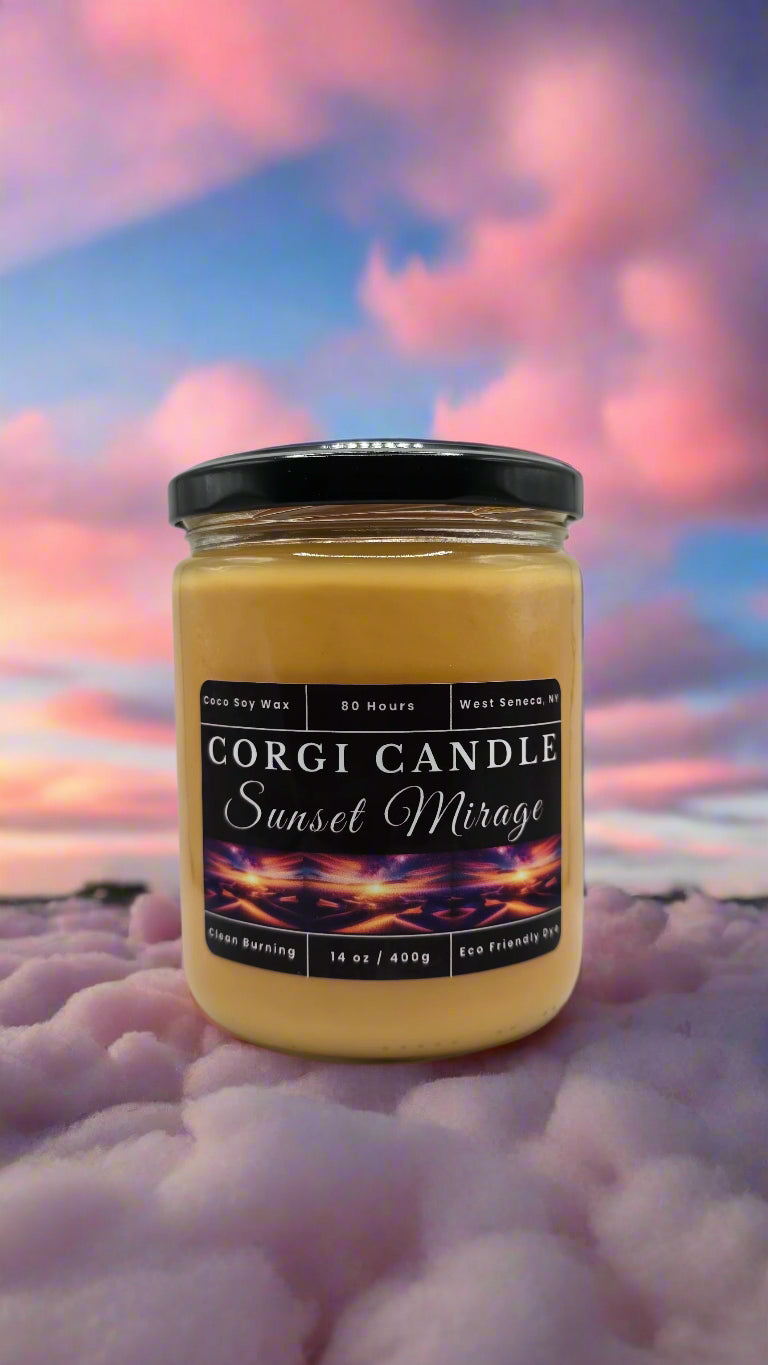 Sunset Mirage 14 oz soy scented candle made with eco-friendly wax by CORGI CANDLE
