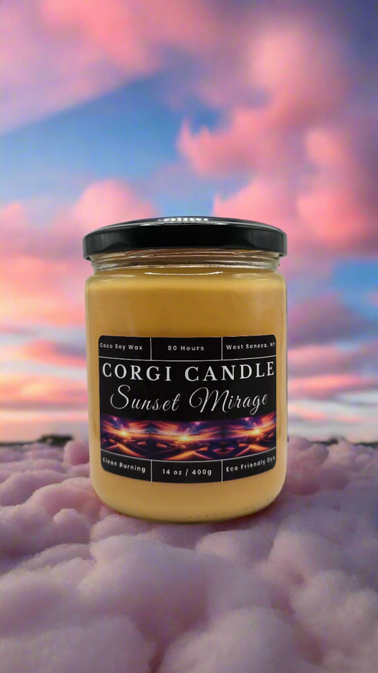 Sunset Mirage 14 oz soy scented candle made with eco-friendly wax by CORGI CANDLE