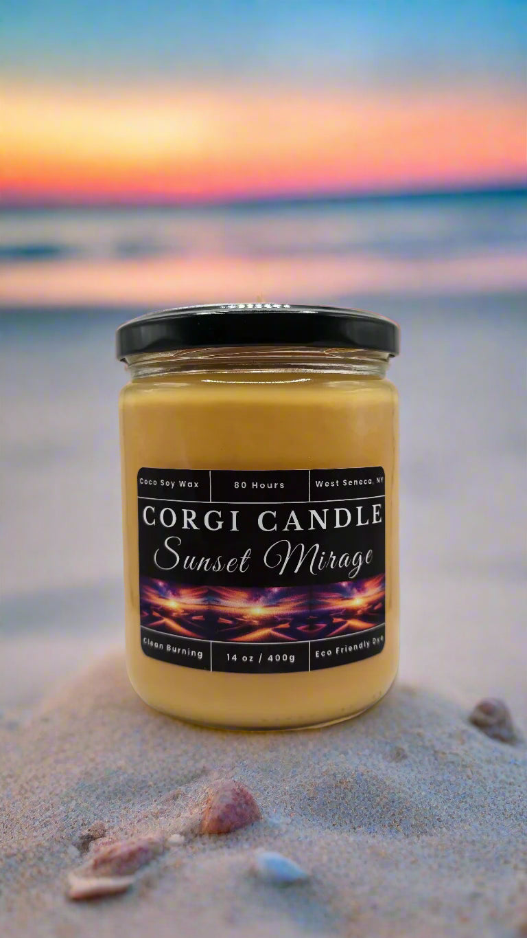 Sunset Mirage 14 oz soy scented candle made with eco-friendly wax by CORGI CANDLE