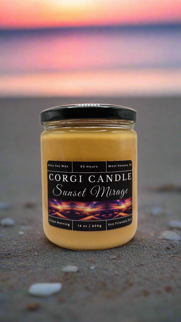 Sunset Mirage 14 oz soy scented candle made with eco-friendly wax by CORGI CANDLE