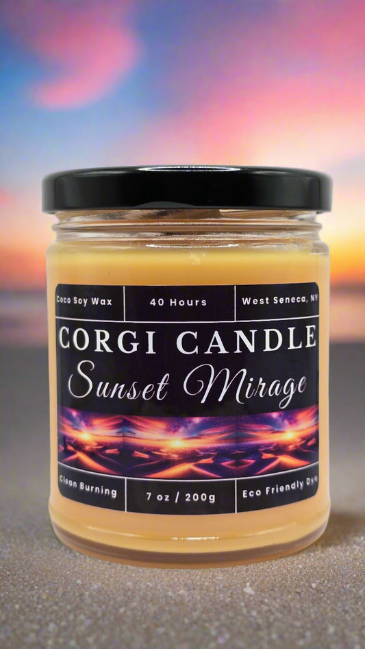 Sunset Mirage 7 oz soy scented candle made with eco-friendly wax by CORGI CANDLE