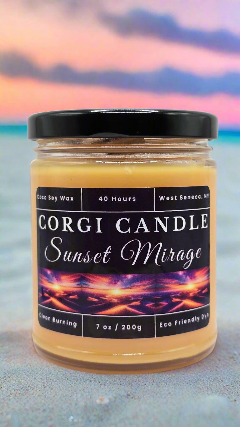 Sunset Mirage 7 oz soy scented candle made with eco-friendly wax by CORGI CANDLE