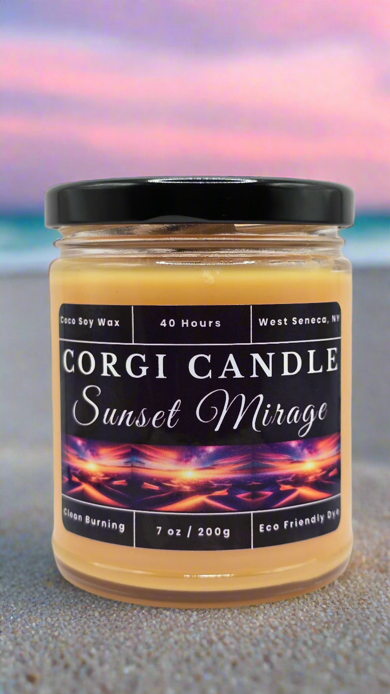 Sunset Mirage 7 oz soy scented candle made with eco-friendly wax by CORGI CANDLE