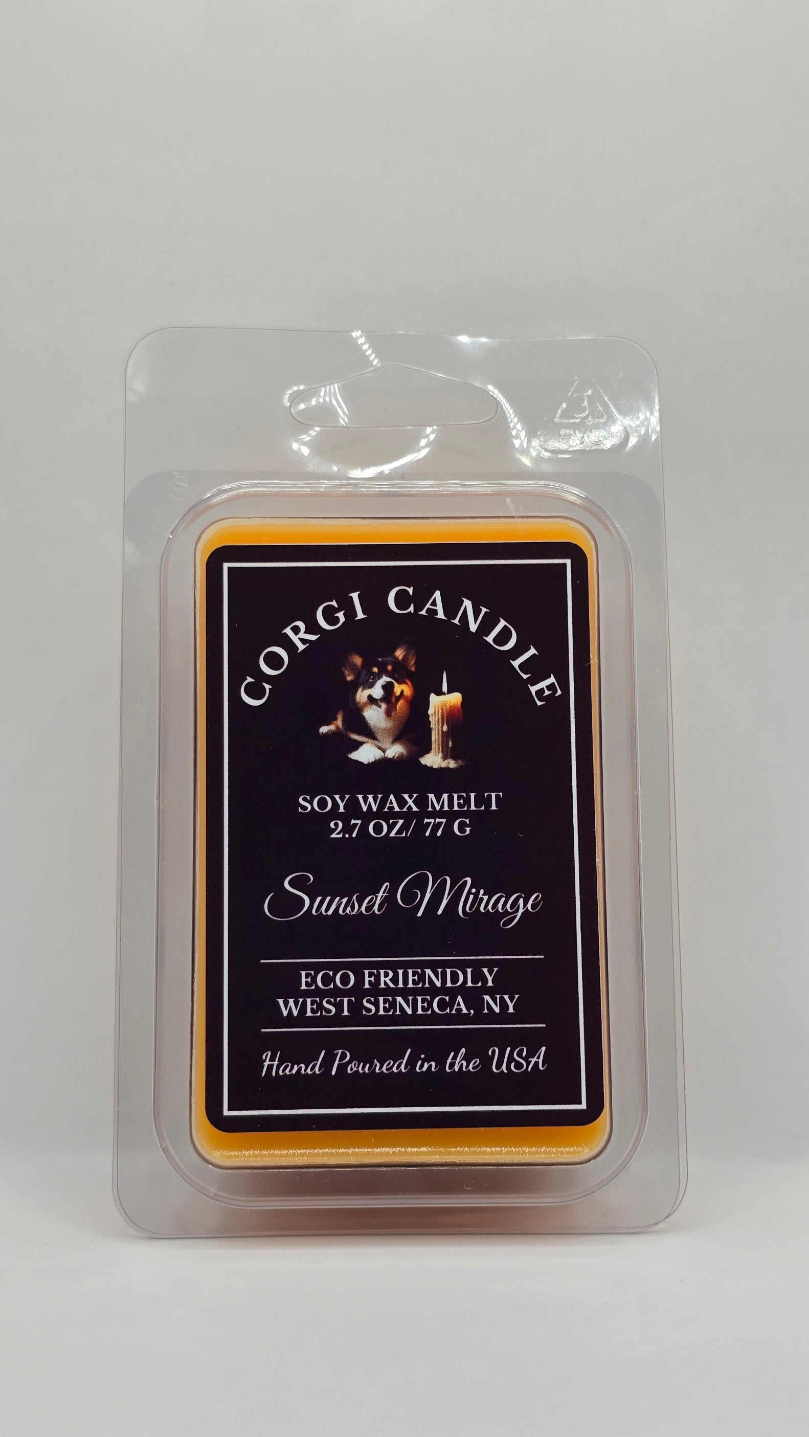 Sunset Mirage soy wax melt made with eco-friendly wax by CORGI CANDLE. Front view.