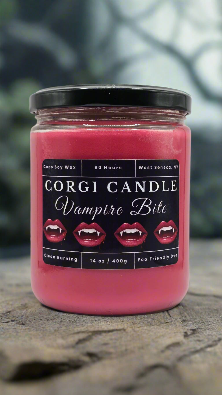 Vampire Bite 14 oz soy scented candle made with eco-friendly wax by CORGI CANDLE.