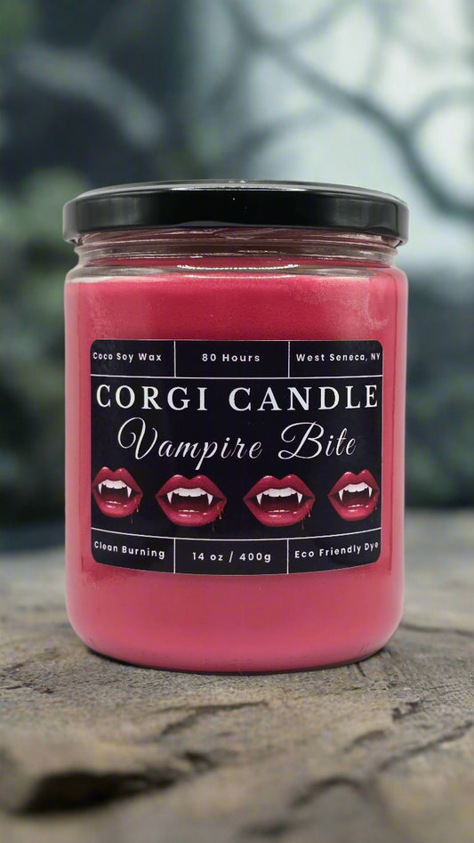 Vampire Bite 14 oz soy scented candle made with eco-friendly wax by CORGI CANDLE.