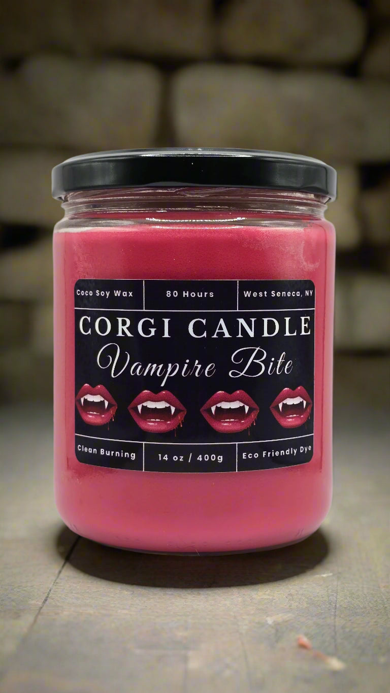 Vampire Bite 14 oz soy scented candle made with eco-friendly wax by CORGI CANDLE