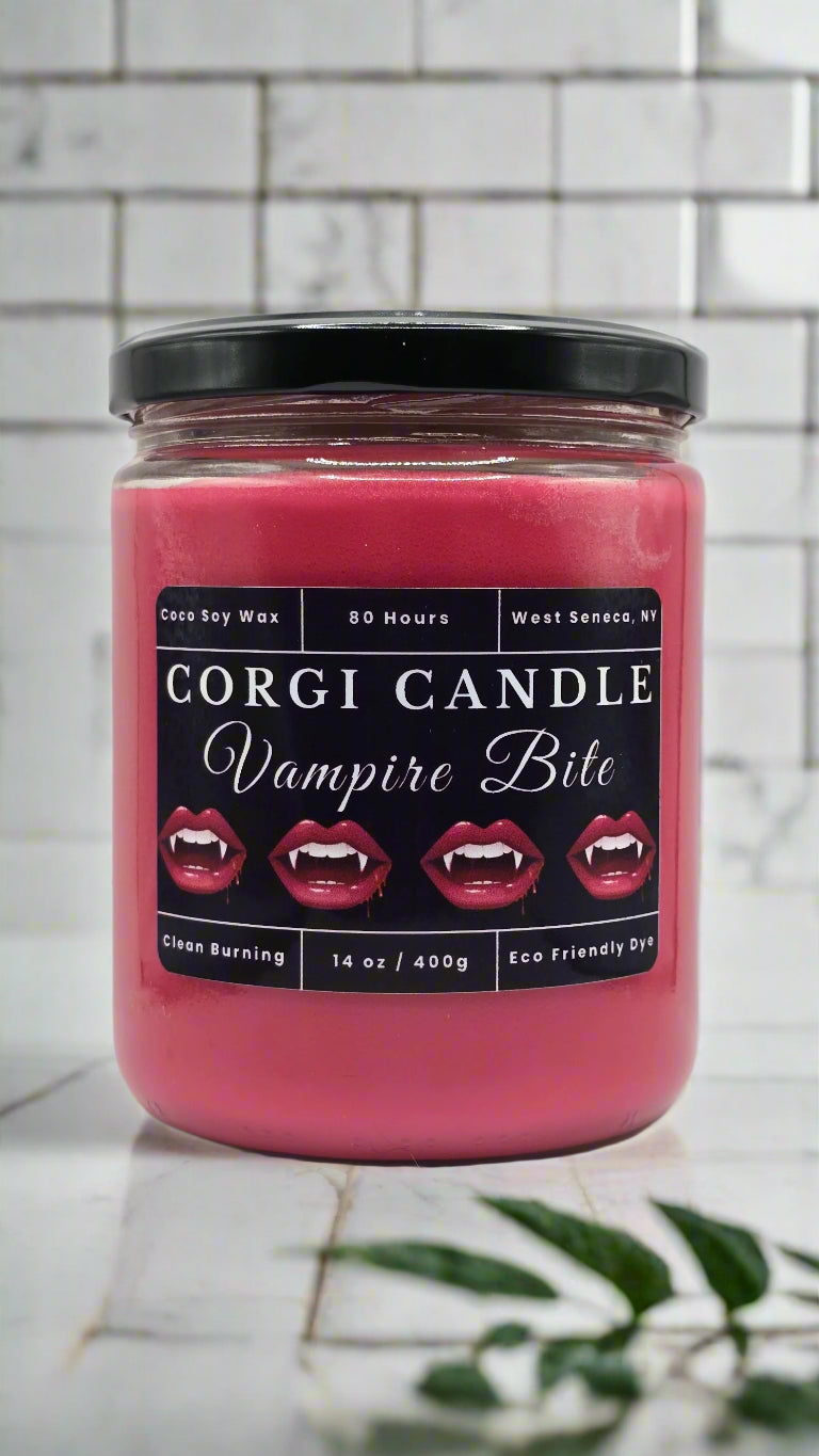 Vampire Bite 14 oz soy scented candle made with eco-friendly wax by CORGI CANDLE