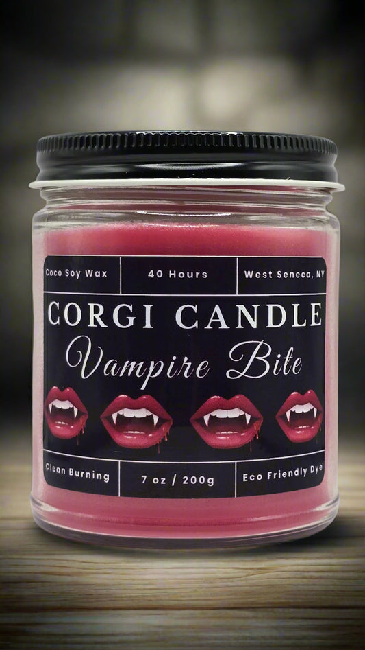 Vampire Bite 7 oz soy scented candle made with eco-friendly wax by CORGI CANDLE