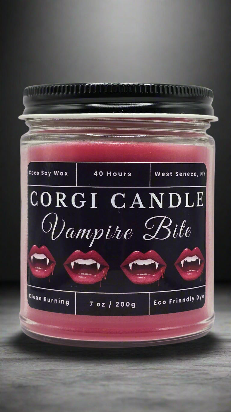 Vampire Bite 7 oz soy scented candle made with eco-friendly wax by CORGI CANDLE