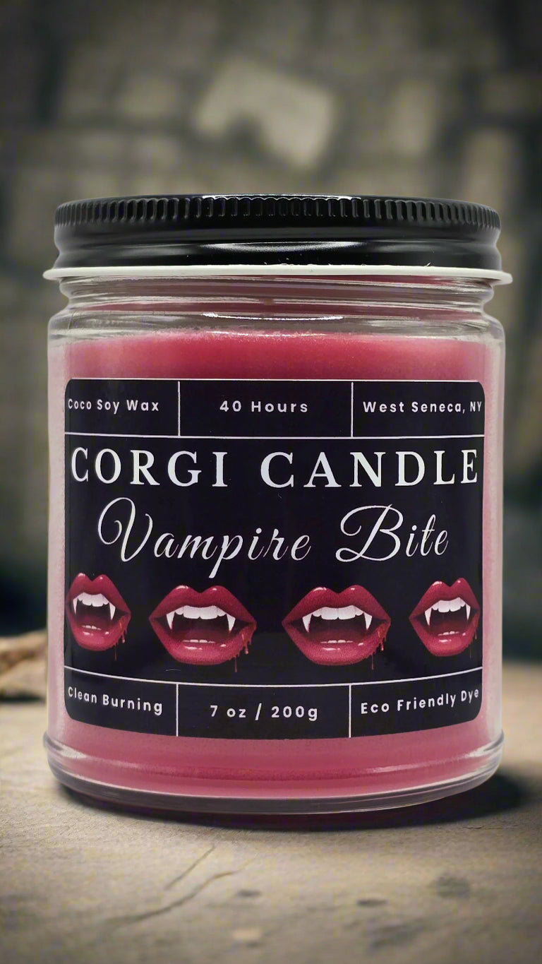 Vampire Bite 7 oz soy scented candle made with eco-friendly wax by CORGI CANDLE