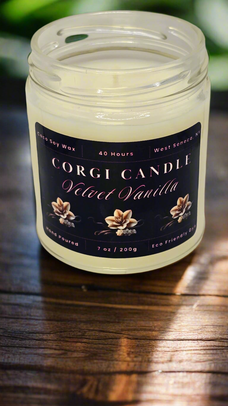 Velvet Vanilla 7 oz soy candle in a soft-toned glass jar with a minimalist label, hand-poured by CORGI CANDLE, featuring warm vanilla, tonka bean, and soft musk notes.